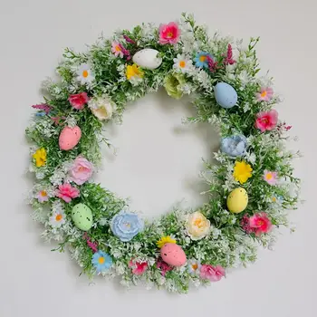 Изкуствена Великденски Венец Цветен Венец от Великденски Яйца със Смесени Цветя И Зелени Листа за Домашно Парти, Сватбен Декор Отпред