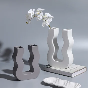 Креативна U-образна Керамична ваза с Неправилна форма договореност с двойно гърло Гидропонная ваза за растенията Художественото оформление на масата за хранене в стаята