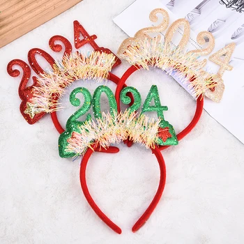 Нов 2024 Година Снимка на Щастливата превръзка на главата си Златна Сребърна Червена Коледна Книжен превръзка на главата Подарък за парти, Нова година Аксесоари за коса за бала
