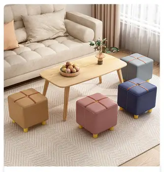 가구 Кожена квадратен дървен стол за обувки в скандинавски стил в спалнята, столче за грим в хола, Поставка за крака в офиса, мебели за дома,